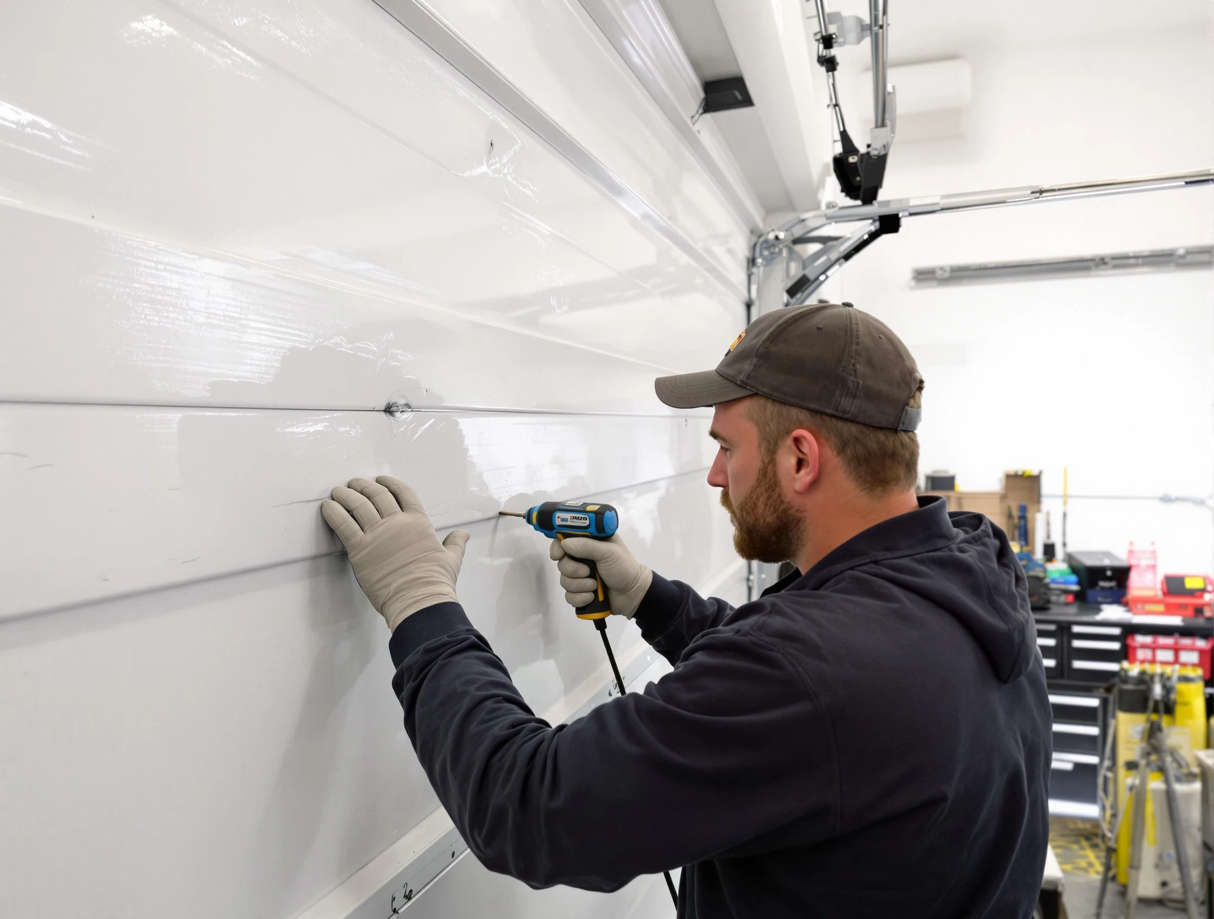 Cave Creek Garage Door Repair technician demonstrating precision dent removal techniques on a Cave Creek garage door